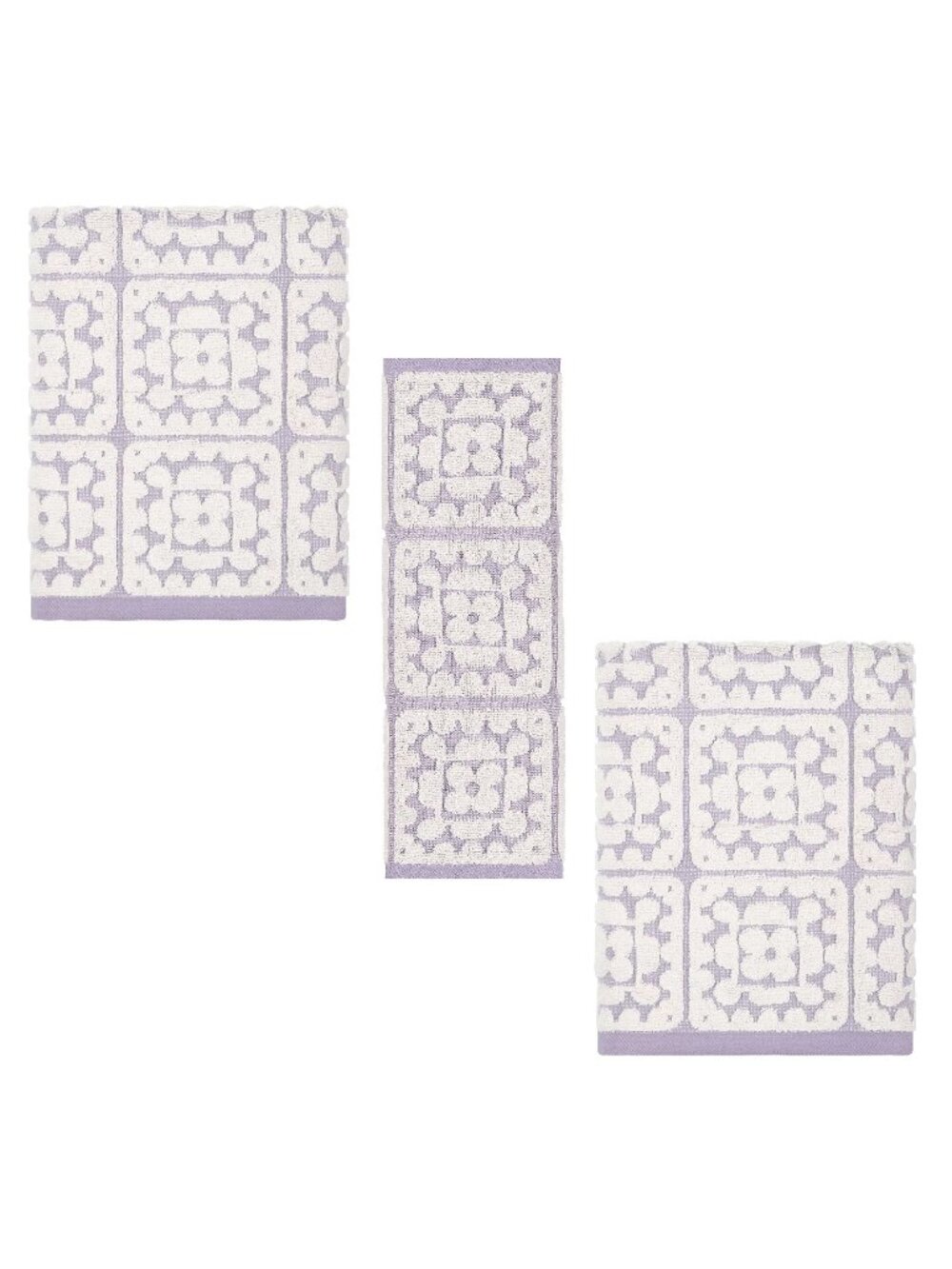 new 2 BATH + 1 HAND Wild Sage 100% Cotton Towels - White Pattern/ Lavender color
